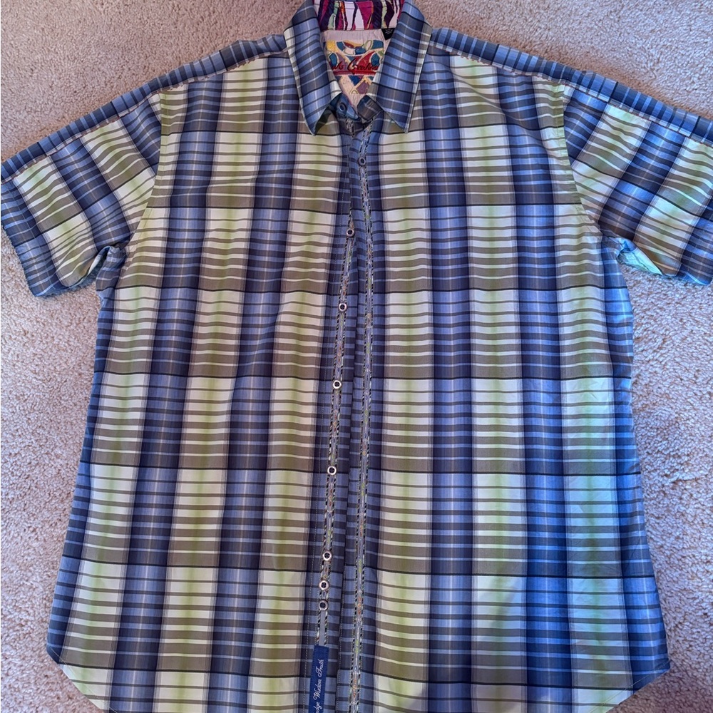 Men's Robert Graham Blue and Green Plaid Shirt